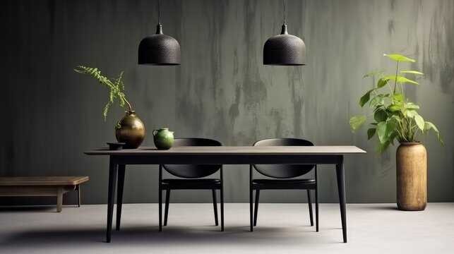 Home decor, Creative composition of japandi dining room interior with black table, chair, stylish lamp and concrete wall.