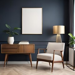 Elegant composition of living room interior with mock up posters frames, round table, lamp, wooden sideboard, rack, dark wall with stucco, vase and personal accessories.AI generated