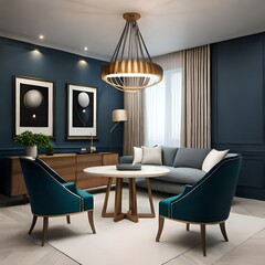 Elegant composition of living room interior with mock up posters frames, round table, lamp, wooden sideboard, rack, dark wall with stucco, vase and personal accessories.AI generated