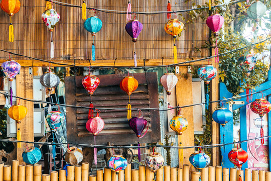 hanging lanters in hoi an street, vietnam