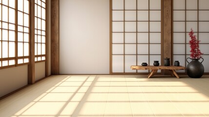 Empty Japanese style room with wood shoji window in sunlight, East Asian interior design decoration.