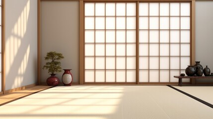 Empty Japanese style room with wood shoji window in sunlight, East Asian interior design decoration.
