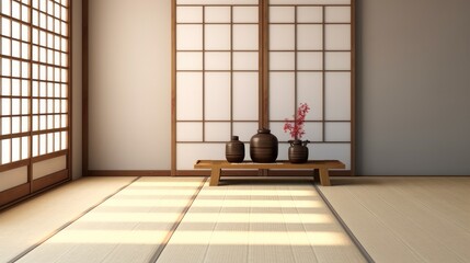 Empty Japanese style room with wood shoji window in sunlight, East Asian interior design decoration.