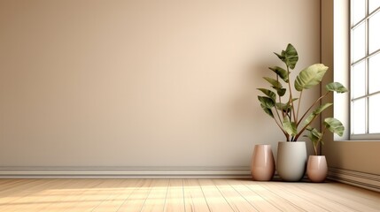 Fototapeta na wymiar Empty room interior background with beige wall and wooden flooring, Vase and plant.