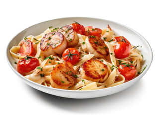 A plate of pasta with grilled scallops and tomatoes isolated on white background