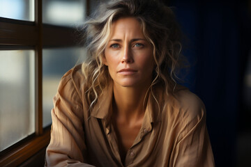 Fototapeta premium Beautiful sad and poor depressed woman sitting by the window and looking into the distance. Copy space