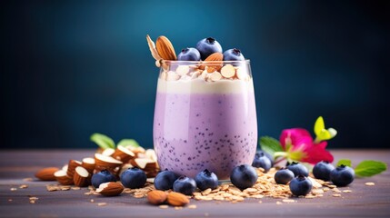 Blueberry Smoothie Bliss featuring creamy blend mixed berries,strawberries, raspberries, surrounded by blueberries, bananas, almond milk, yoghurt, mint leaves light studio, free copy space for text