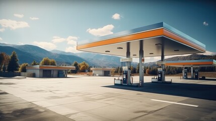 Modern Gas Station with refueling. - obrazy, fototapety, plakaty