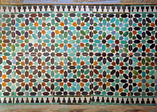 Arab tiles socle inside the Mudejar chapel of St. Bartholomew (San Bartolom&eacute;). Cordoba, Andalusia, Spain. Alicatados mosaic