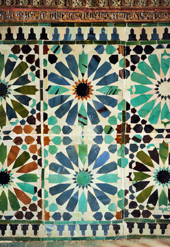 Arab tiles socle inside the Mudejar chapel of St. Bartholomew (San Bartolomé). Cordoba, Andalusia, Spain. Alicatados mosaic