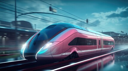 The high-speed train stops on the station platform and the urban landscape.