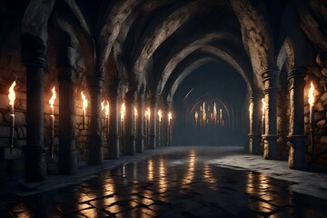 Scary endless medieval catacombs with torches. Mystical nightmare concept. 3D Rendering. 3d render - obrazy, fototapety, plakaty