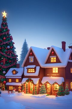 Illustration of Christmas village. A beautiful and magical winter city, straight out of a fairytale, with snow-covered rooftops. Happy new year. Winter landscape.