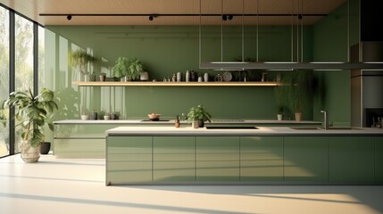 Green kitchen with dining table and minimalist interior design in a modern house.