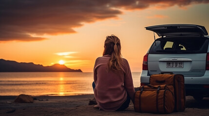 View of young woman traveler looking at sea sunset