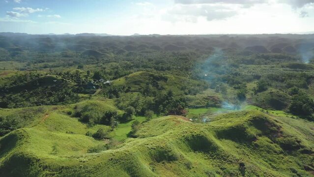 Chocolate Hills in Bohol, Philippines. Aerial view. Slow cinematic drone shot of famous landmark travel destination.