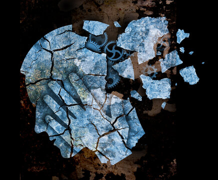 Mental illness Alzheimer disease, demention. 
Stylized male head silhouette with Dry cracked earth and gear, symbolizing psychiatric problems.