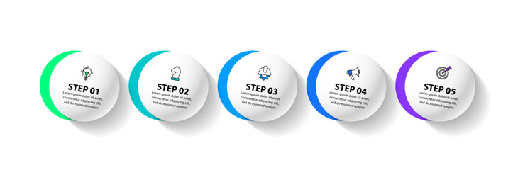 Infographic template. 5 curved circles with icons and text