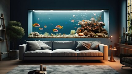 Interior living room with aquarium at Luxury modern house.