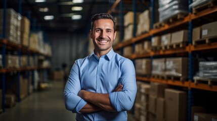 Smiling portrait of a male supervisor standing in warehouse with his arm crossed looking at camera - obrazy, fototapety, plakaty