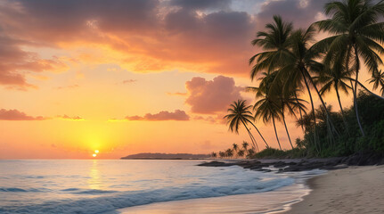 Obraz na płótnie Canvas Sunset Serenity: Beautiful Beach with Coconut Trees. Generative AI.