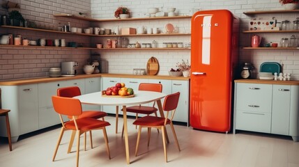 Interior of kitchen with red fridge, counters, shelves, table and chairs, Cozy House Interior.