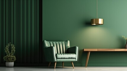 Living room with green armchair on dark green wall background at modern luxury.