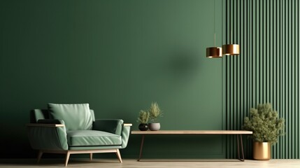 Living room with green armchair on dark green wall background at modern luxury.