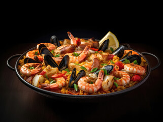 Closeup of appetizing paella dish with seafood