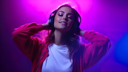 Stylish girl standing wearing headphones, touching hair and listening to soft and slow music on a violet pink & blue gradient background. Concept of human emotions, facial expression, Copy space.