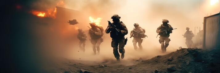 Fototapeta premium Military special forces soldiers crosses destroyed war zone through fire and smoke in the desert, Explosions for tactical war.