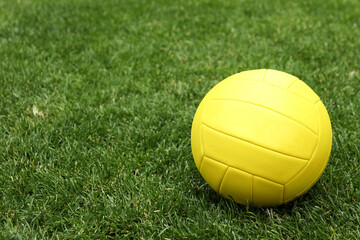 Blank yellow volleyball ball on green grass