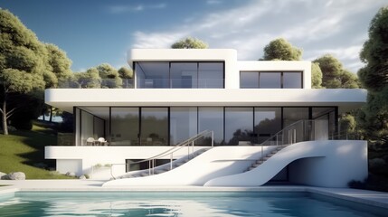 Fototapeta premium Modern home with swimming pool, Sleek and minimalist design that combines the natural beauty of white melycium.