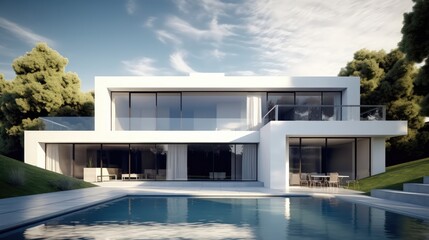 Modern home with swimming pool, Sleek and minimalist design that combines the natural beauty of white melycium.