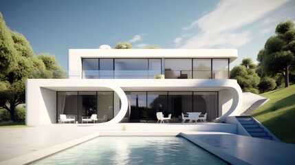 Fototapeta premium Modern home with swimming pool, Sleek and minimalist design that combines the natural beauty of white melycium.