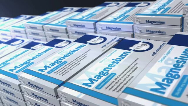Magnesium tablets box production line. Support memory and concentration pills pack factory. Abstract concept 3d loopable seamless.