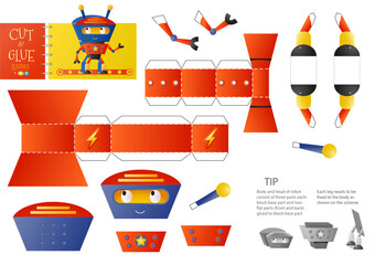 Cut and glue robot toy vector illustration, worksheet. Paper craft and diy riddle