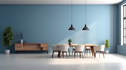 Empty living room with blank blue wall in modern apartment.