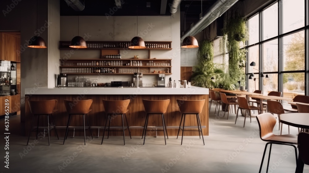 Poster modern cafe with bar and chairs with concrete walls and light from windows.