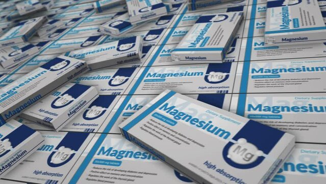 Magnesium tablets box production line. Support memory and concentration pills pack factory. Abstract concept 3d rendering loopable seamless animation.