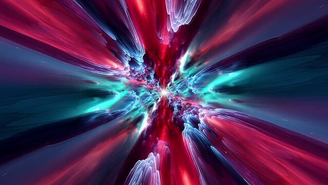 Loop of Abstract 3D hypnotic blue and red hyperspace cloud vortex warp tunnel through with center gold flare light background  Loop Sci-Fi interstellar travel through wormhole in hyperspace vortex tun