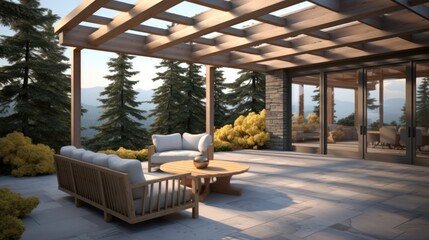The open space of modern wooden and concrete patio seating area in natural style at house.