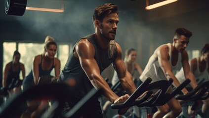 A group of people riding stationary bikes in a gym. AI