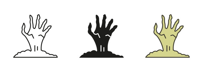 Zombies Hand Halloween Decorations Pictogram Set. Dead Man Hand Sticking Out Ground Line and Silhouette Icons. Scary Monsters Bony Arm Black and Color Symbol Collection. Isolated Vector Illustration