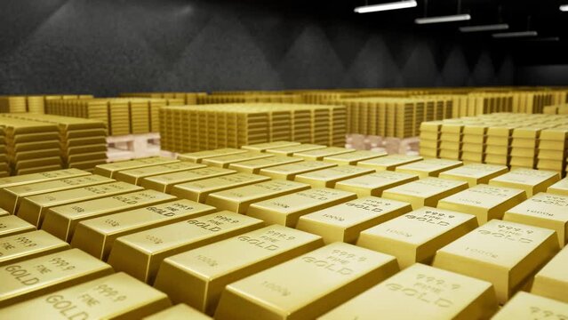 4K vault gold brick multi-angle 3D rendering animation