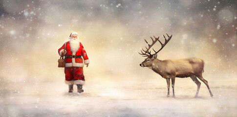 claus snow greeting christmas santa reindeer vintage sleigh card illustration. Generative AI.
