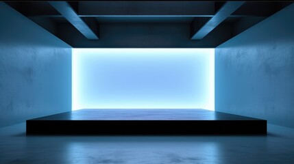 Fototapeta premium Perspective view of blank blue digital screen wall with square stand background.