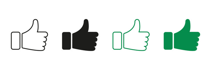 Thumb Up Line and Silhouette Icons. Good Choice, Like, Ok Pictogram Set. Approve, Confirm, Vote Gesture Sign. Finger Up Black and Green Button for Social Media. Isolated Vector Illustration