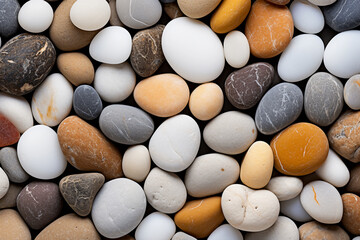 Top view of smooth and colorful pebbles in natural sunlight for nature, zen, relaxation, self care, mental health care concept