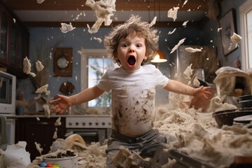 Playful hyperactive cute white toddler misbehaving and making a huge, throwing around things. Studio light. - obrazy, fototapety, plakaty